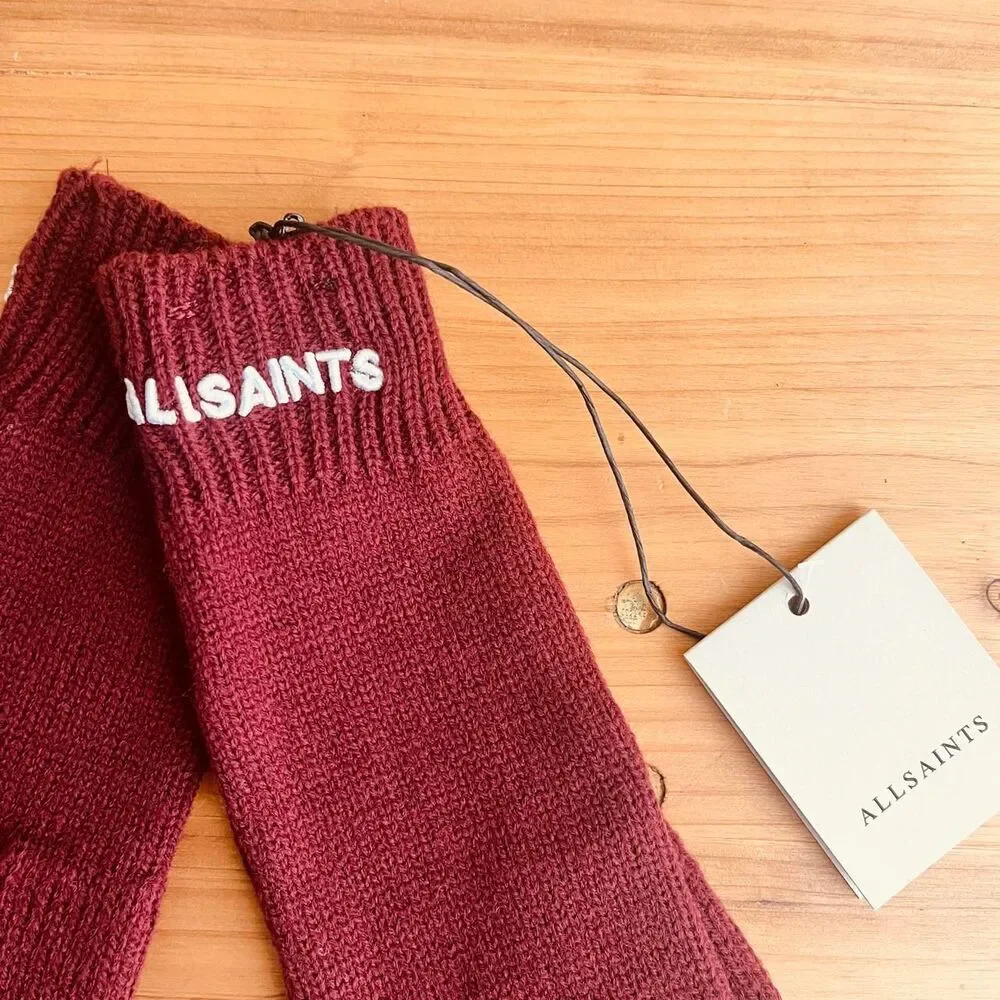 AllSaints Gloves Women's New Burgundy Knit Wool Blend Classic Neutral Winter